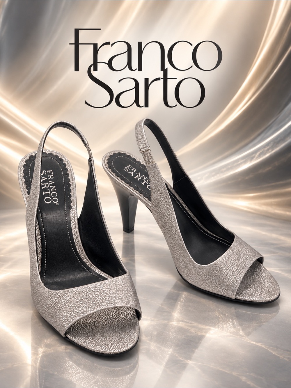 Franco Sarto Lancia Silver Metallic Leather Peep Toe Slingback Heels